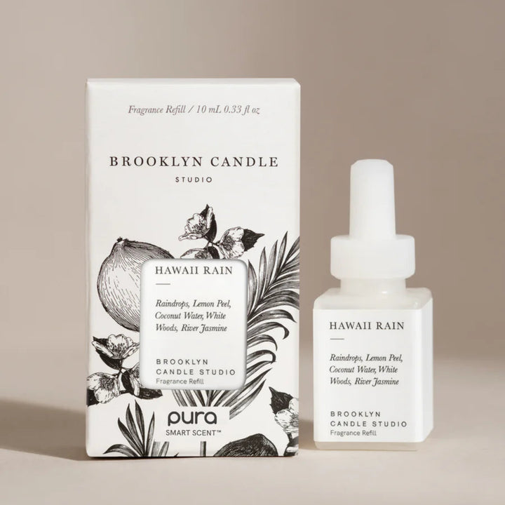 Brooklyn Candle Studio Hawaii Rain fragrance refill and bottle on a beige background