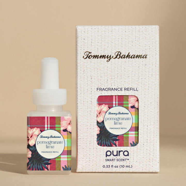 Tommy Bahama Pura Smart Scent fragrance refill bottle and packaging on a beige background
