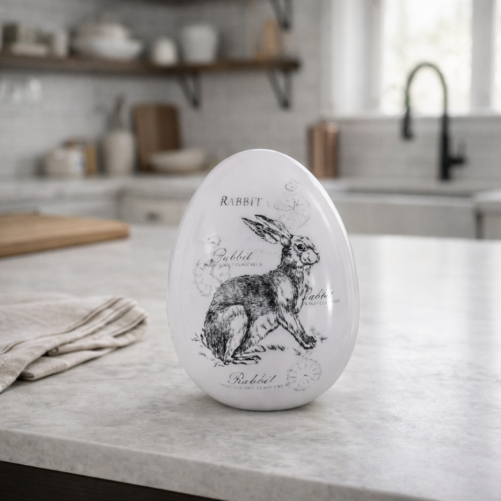 Decorative egg with rabbit illustration on a kitchen counter