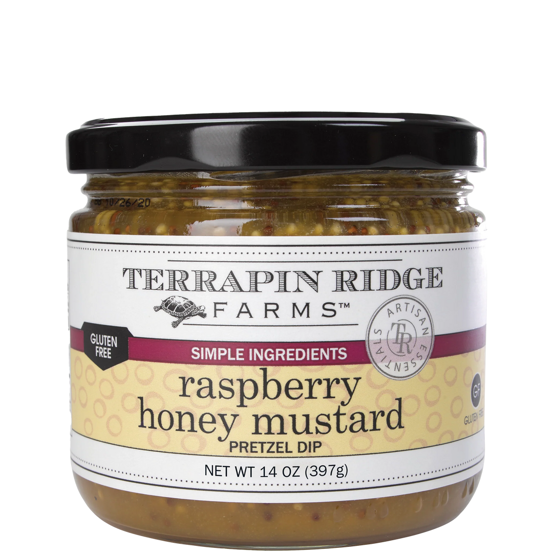 Jar of Terrapin Ridge Farms raspberry honey mustard pretzel dip on a white background