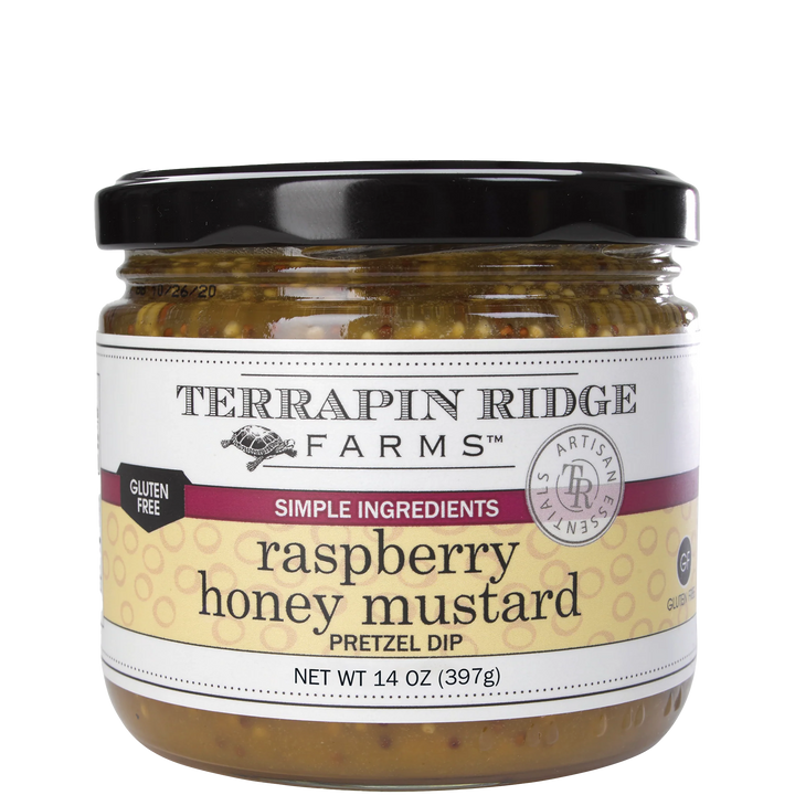 Jar of Terrapin Ridge Farms raspberry honey mustard pretzel dip on a white background
