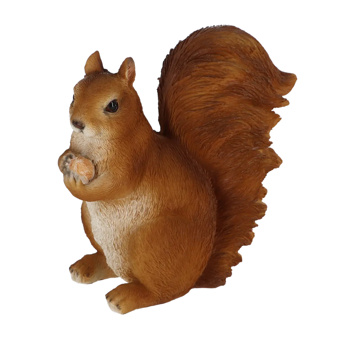 Squirrel figurine with brown fur and a white belly on a white background