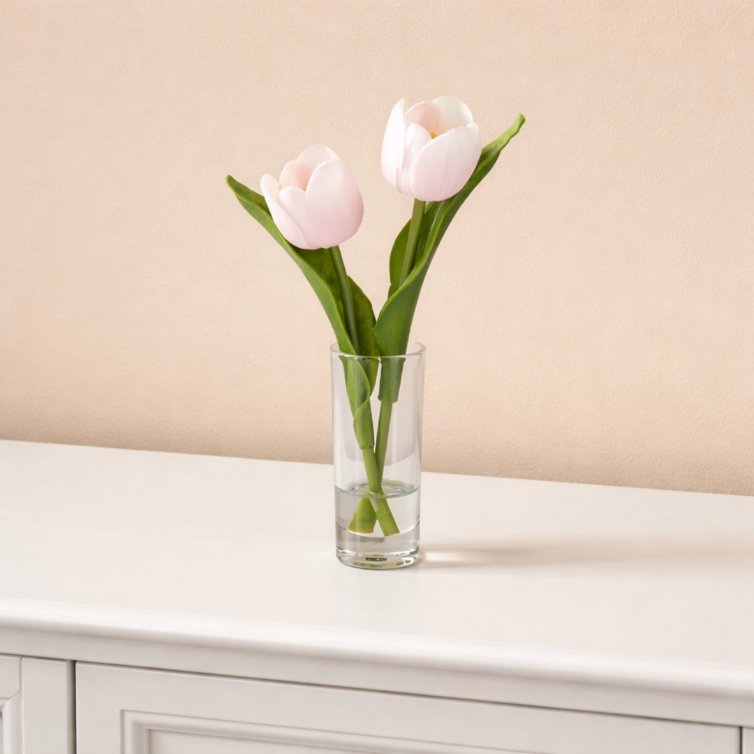 Real Touch Double Tulip Vase Arrangement on a white side board