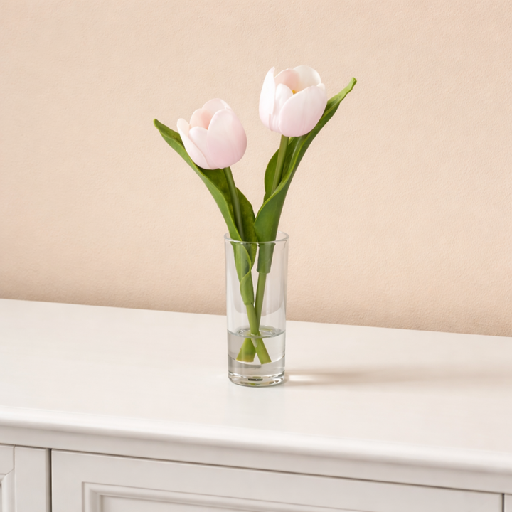 Real Touch Double Tulip Vase Arrangement on a white side board