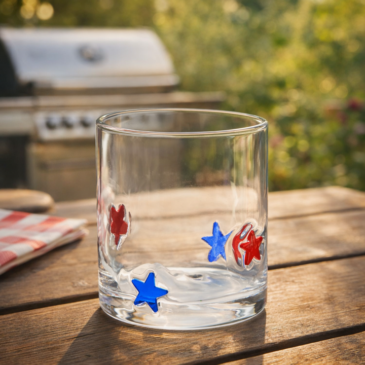 Clear glass with red and blue star designs on a wooden table outdoors.
