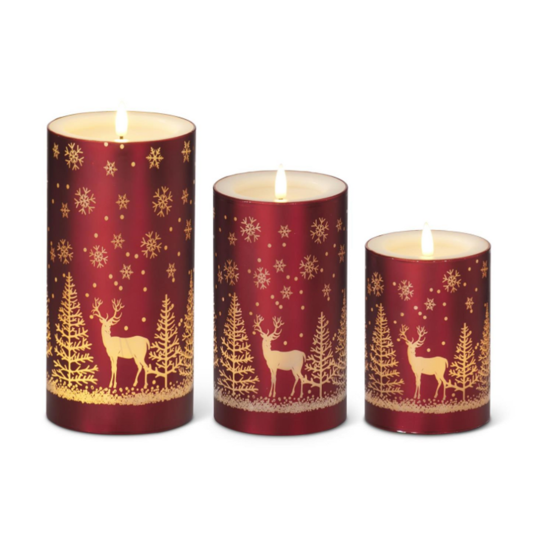 Red Snowy Forest Scene Flameless Candle  