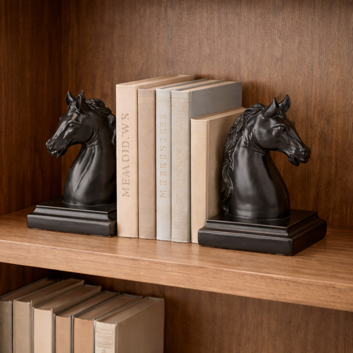 Black horse head bookends on a wooden shelf with books.