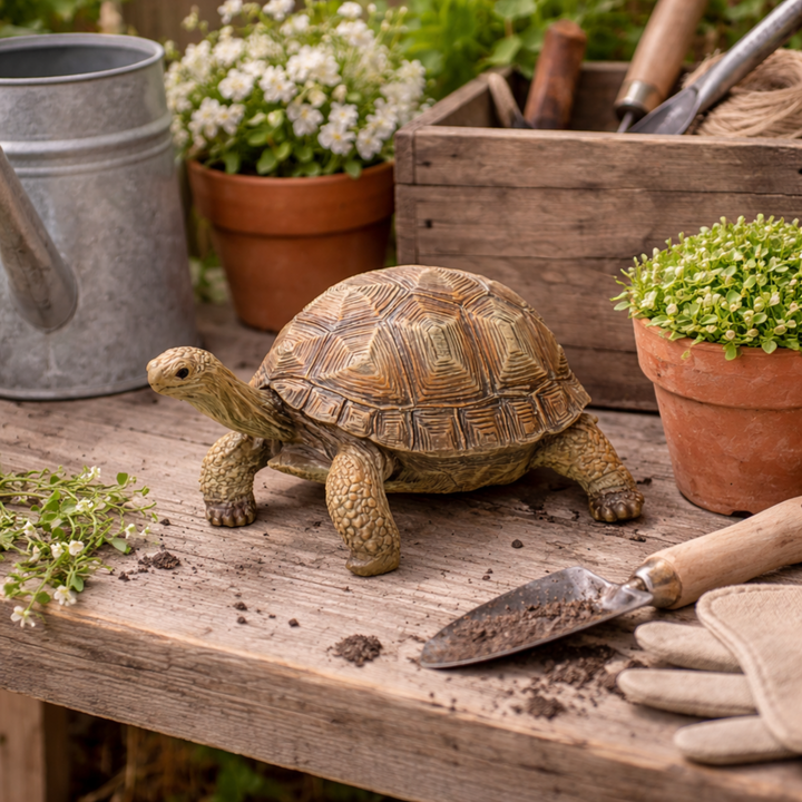 Resin Garden Tortoise Decor on garden potting bench 