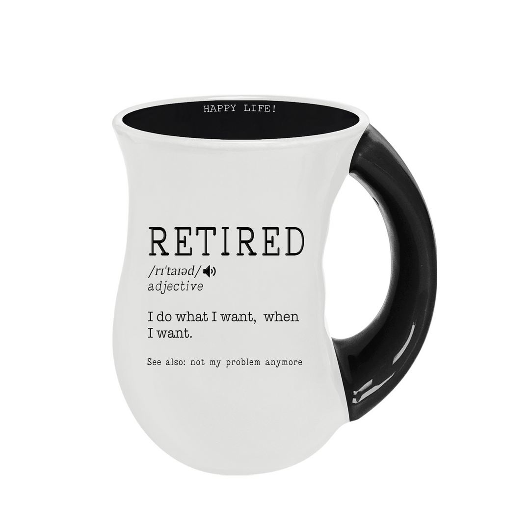 White mug with black interior and handle, featuring text about retirement on a white background.