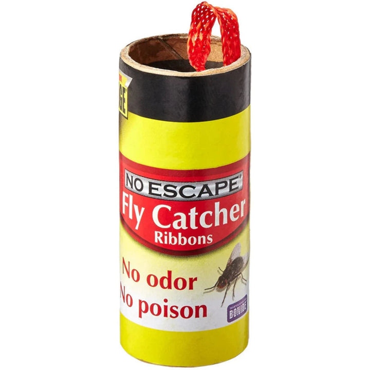 Fly catcher ribbons packaging with red ribbon on a white background