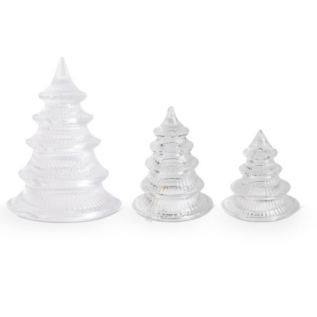 Three clear glass Christmas tree ornaments in different sizes, arranged from largest to smallest on a white background.