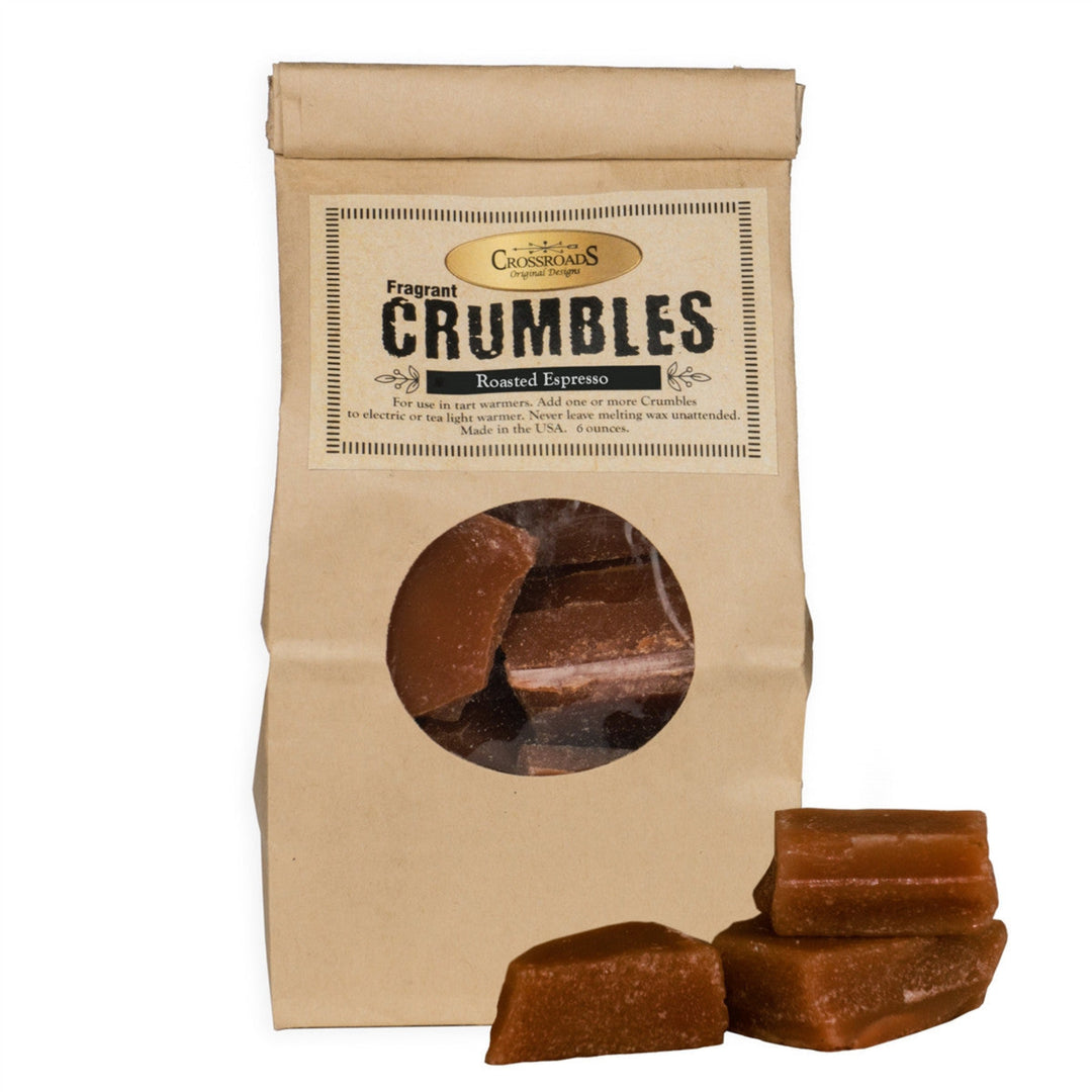 Bag of Crumbles with a clear window showing chocolate crumbles, on a white background
