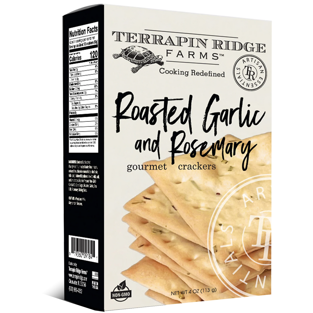 Terrapin Ridge Farms roasted garlic and rosemary gourmet crackers packaging on a white background