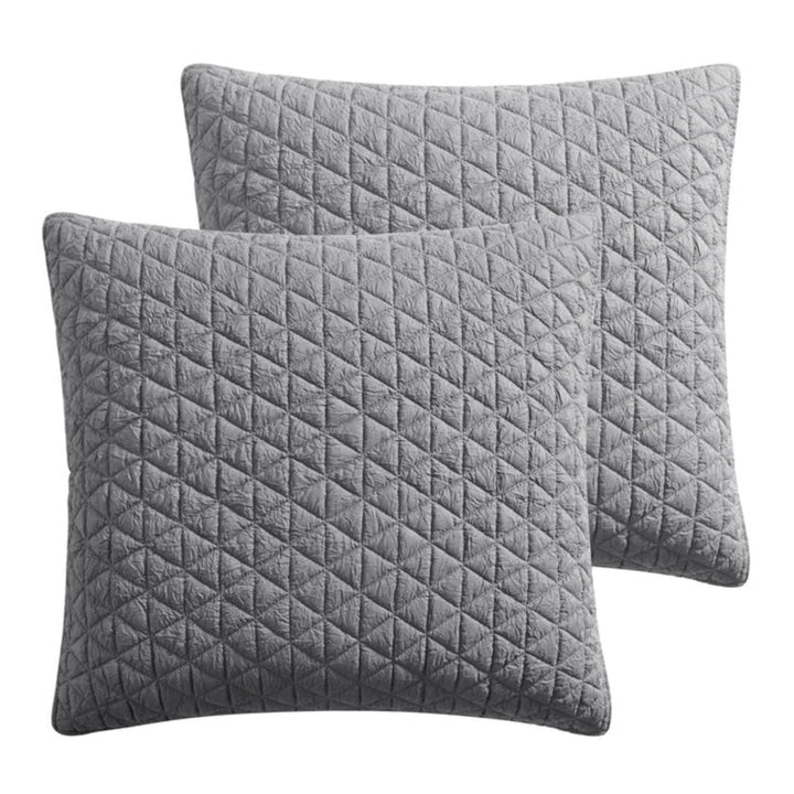 Two square gray quilted throw pillows with a diamond and triangle stitched pattern, shown on a plain white background.