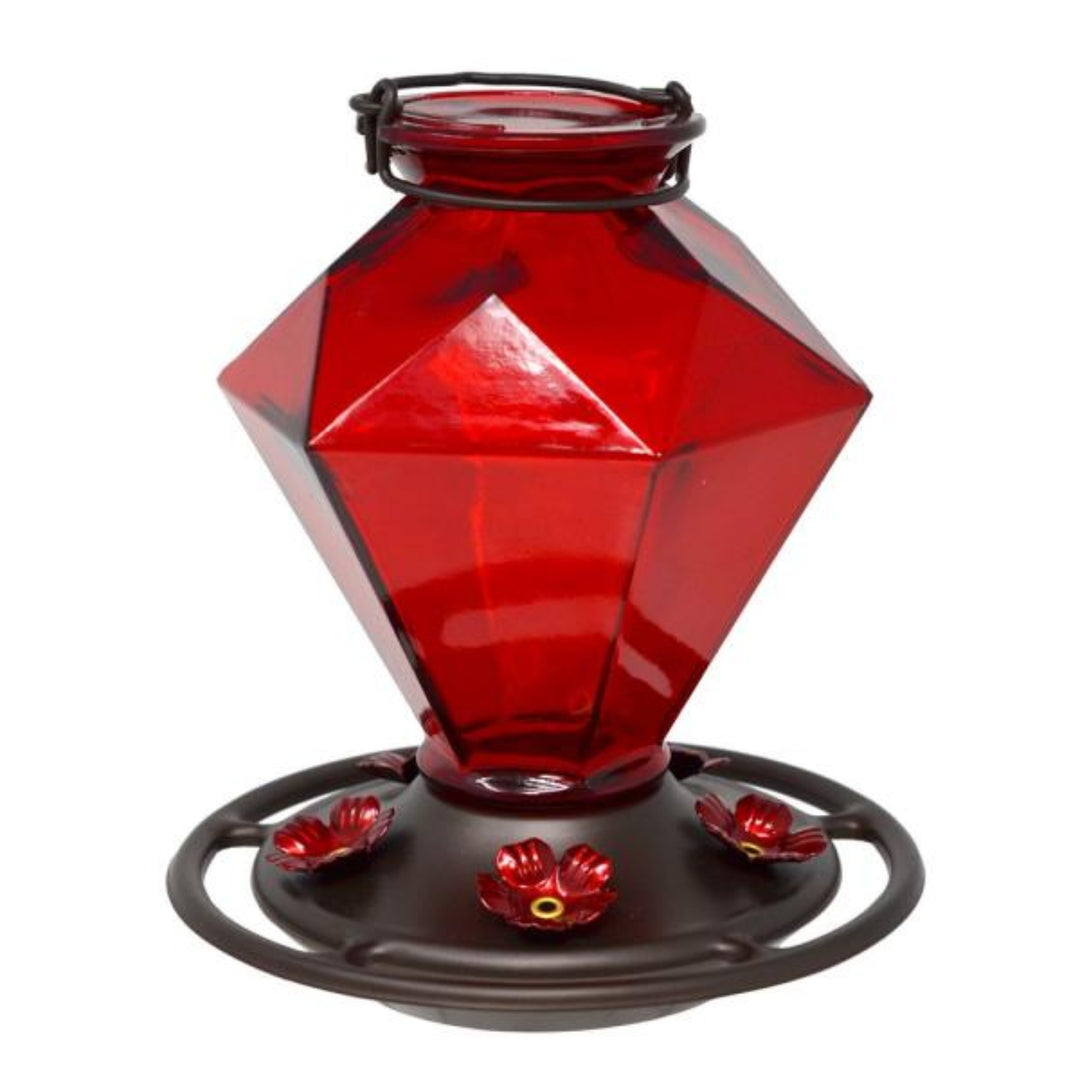 Red glass hummingbird feeder with black accents on a white background