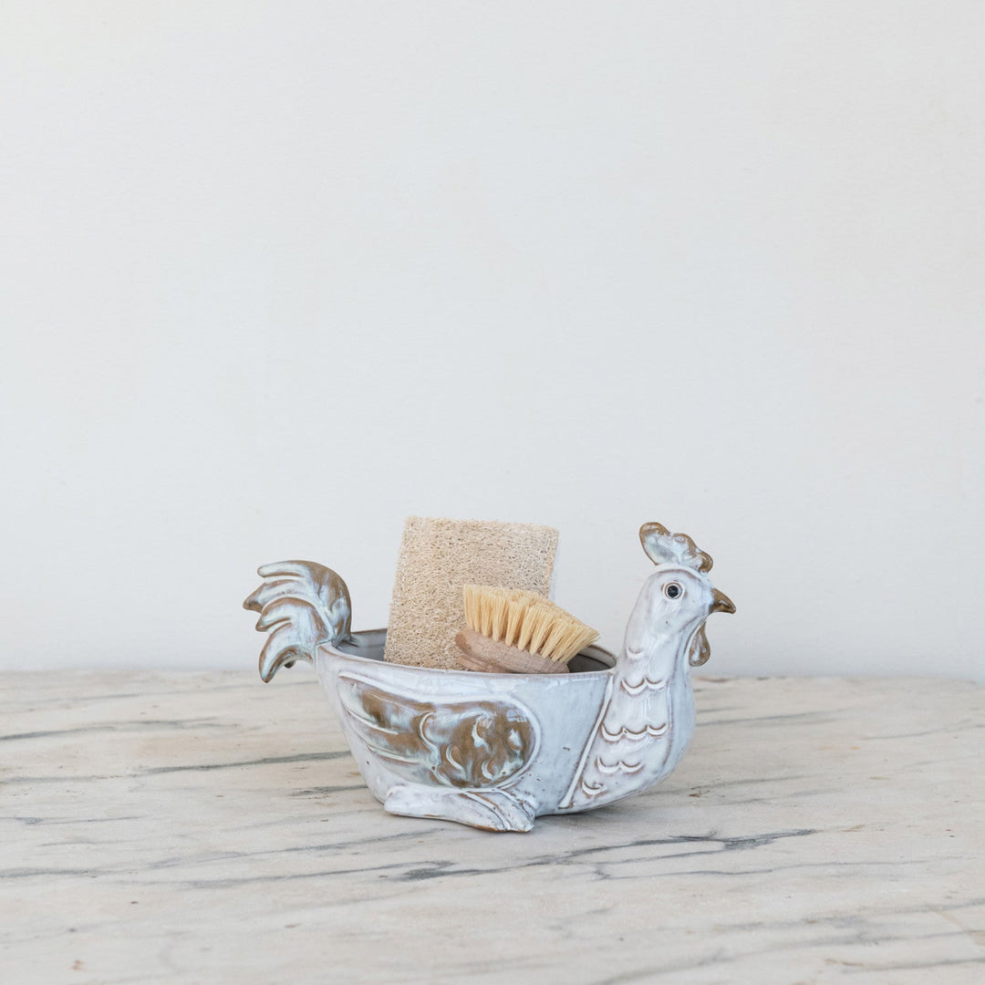 Rustic Stoneware Chicken Holder holding a brush and sponge