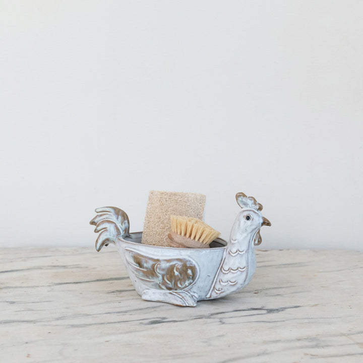 Rustic Stoneware Chicken Holder holding a brush and sponge