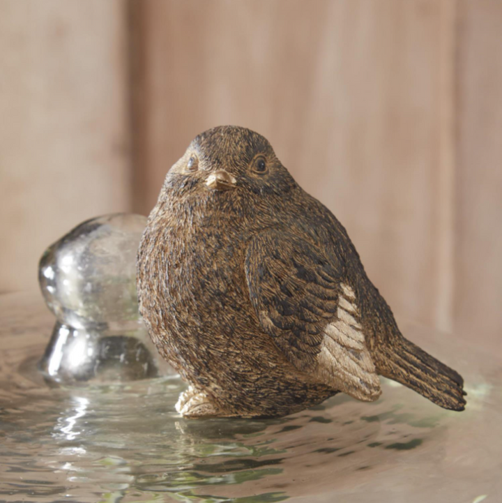 Brown bird figurine sitting on a reflective surface with a blurred background