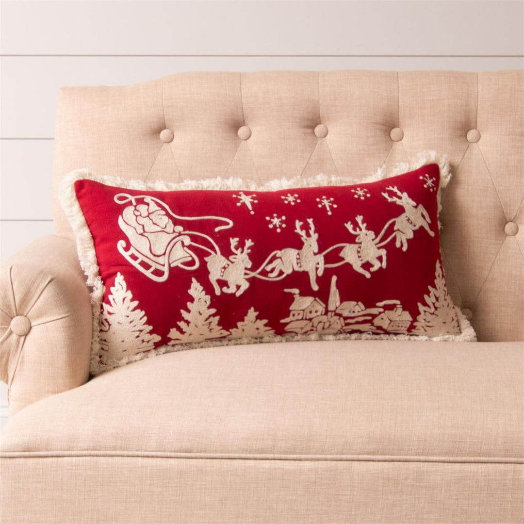 Santa Sleigh Embroidered Lumbar Pillow