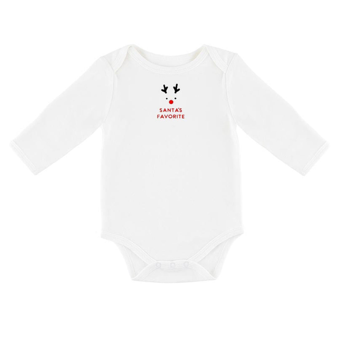 A white long-sleeve baby bodysuit with a small graphic on the chest depicting black reindeer antlers, a red nose, and the text 'SANTA'S FAVORITE' in red, shown on a plain white background.