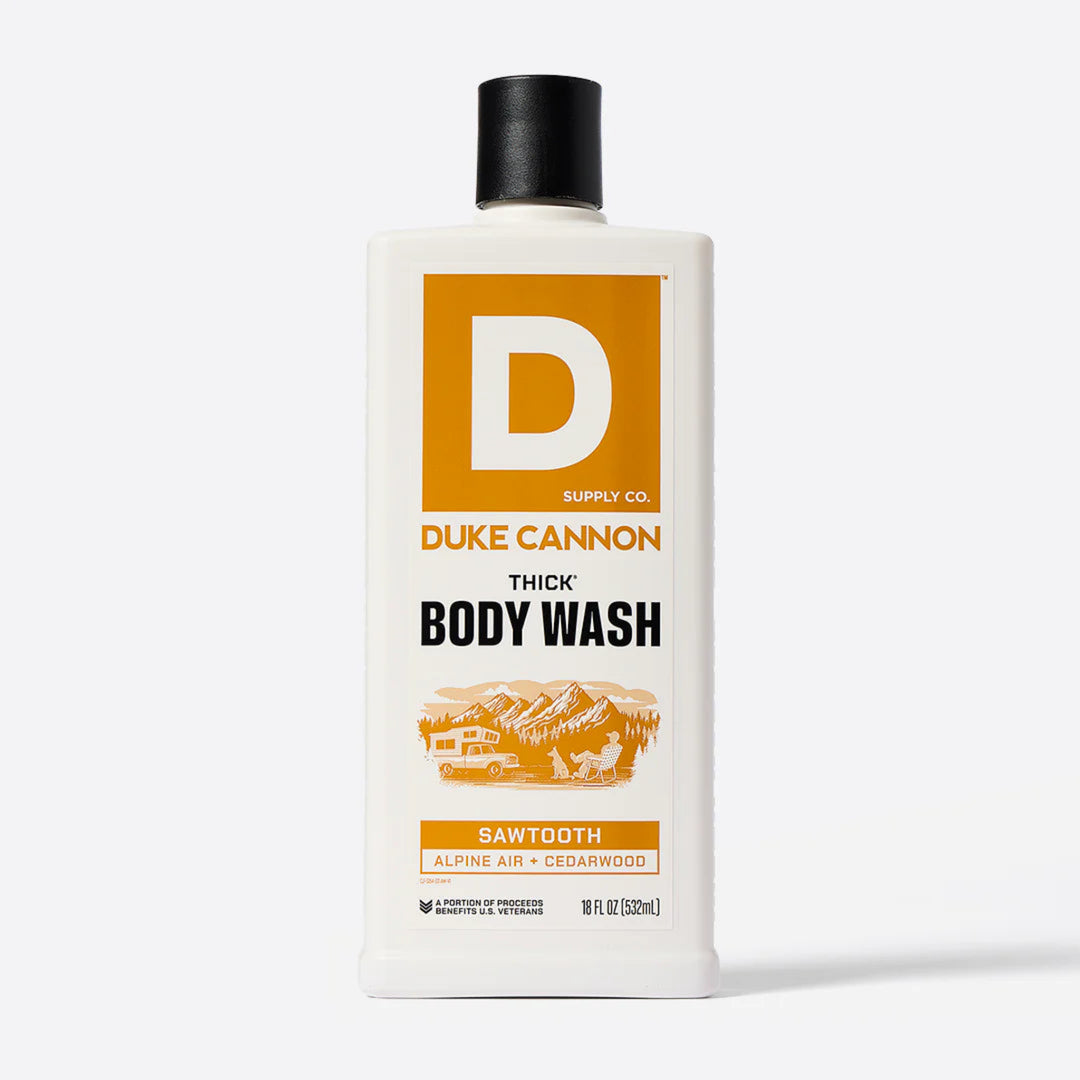 Duke Cannon body wash bottle on a white background