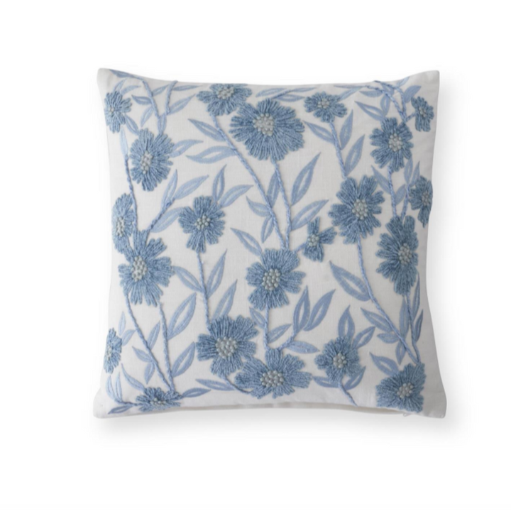 Blue Embroidered Floral Pillow