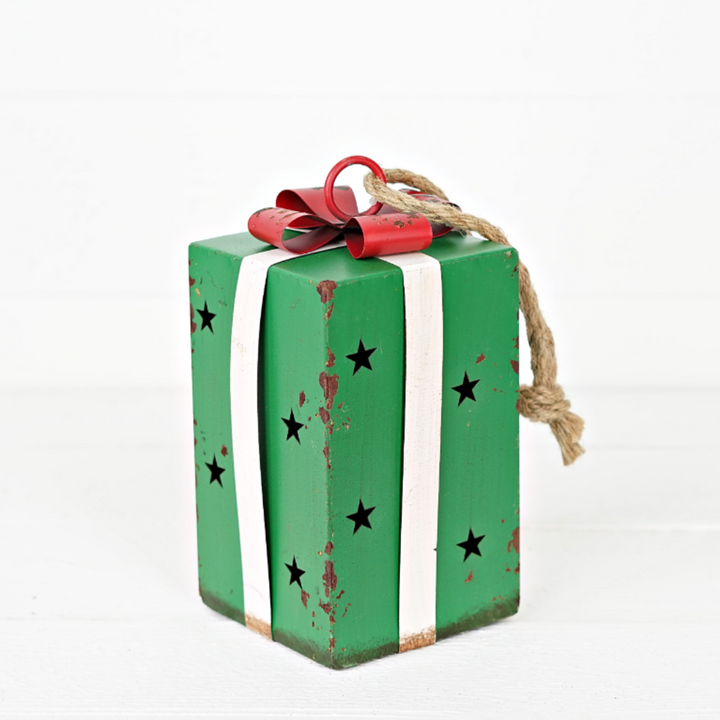 Aged Green Metal Present Ornament