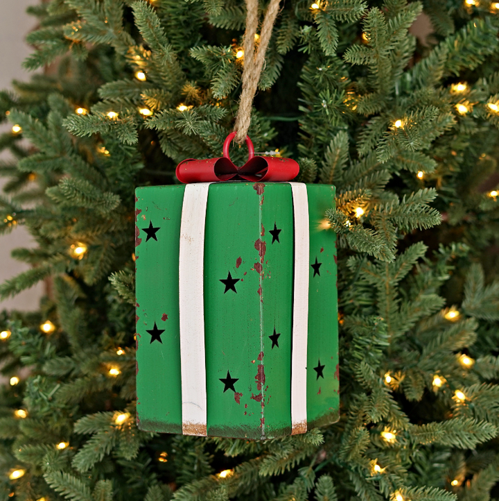 Aged Green Metal Present Ornament