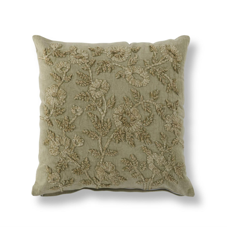Sage Stone Washed Floral Embroidered Pillow