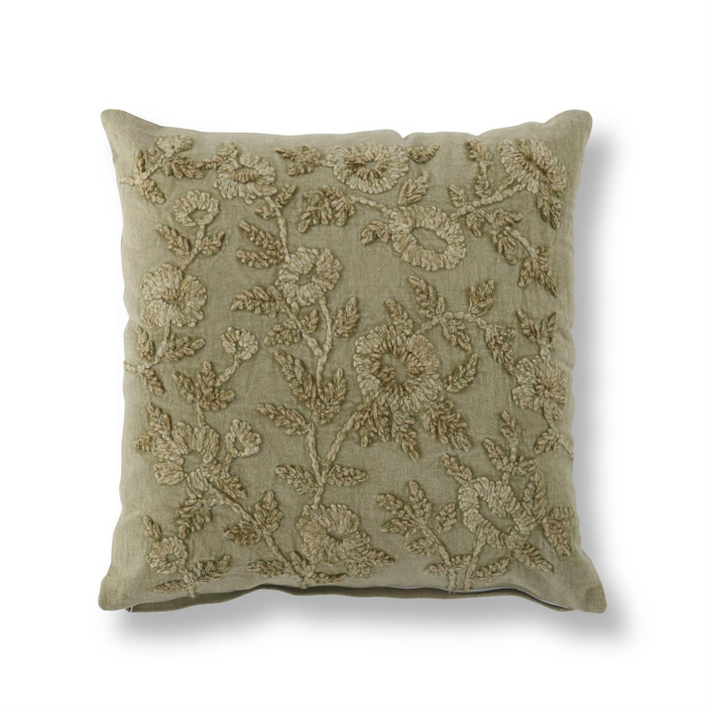 Sage Stone Washed Floral Embroidered Pillow