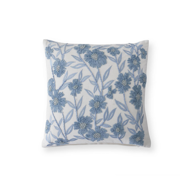 Blue Embroidered Floral Pillow