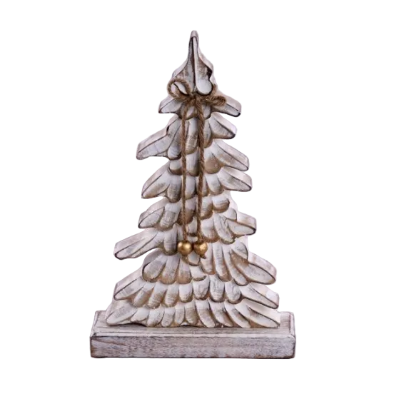 A distressed white wooden Christmas tree ornament with a rustic, weathered finish and a small gold hanging ornament in the center, set against a solid light purple background.