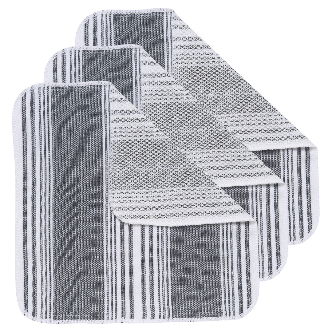 Set of gray and white striped placemats on a white background