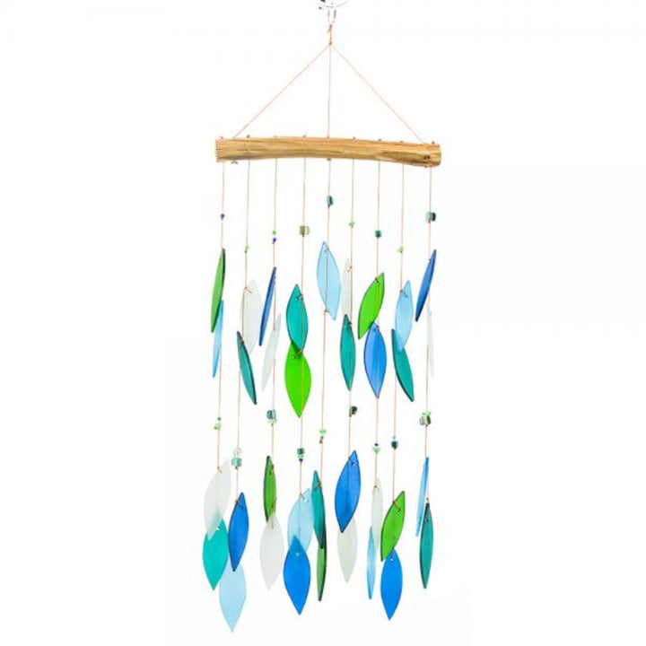 Colorful wind chime with blue, green, and white leaves on a white background