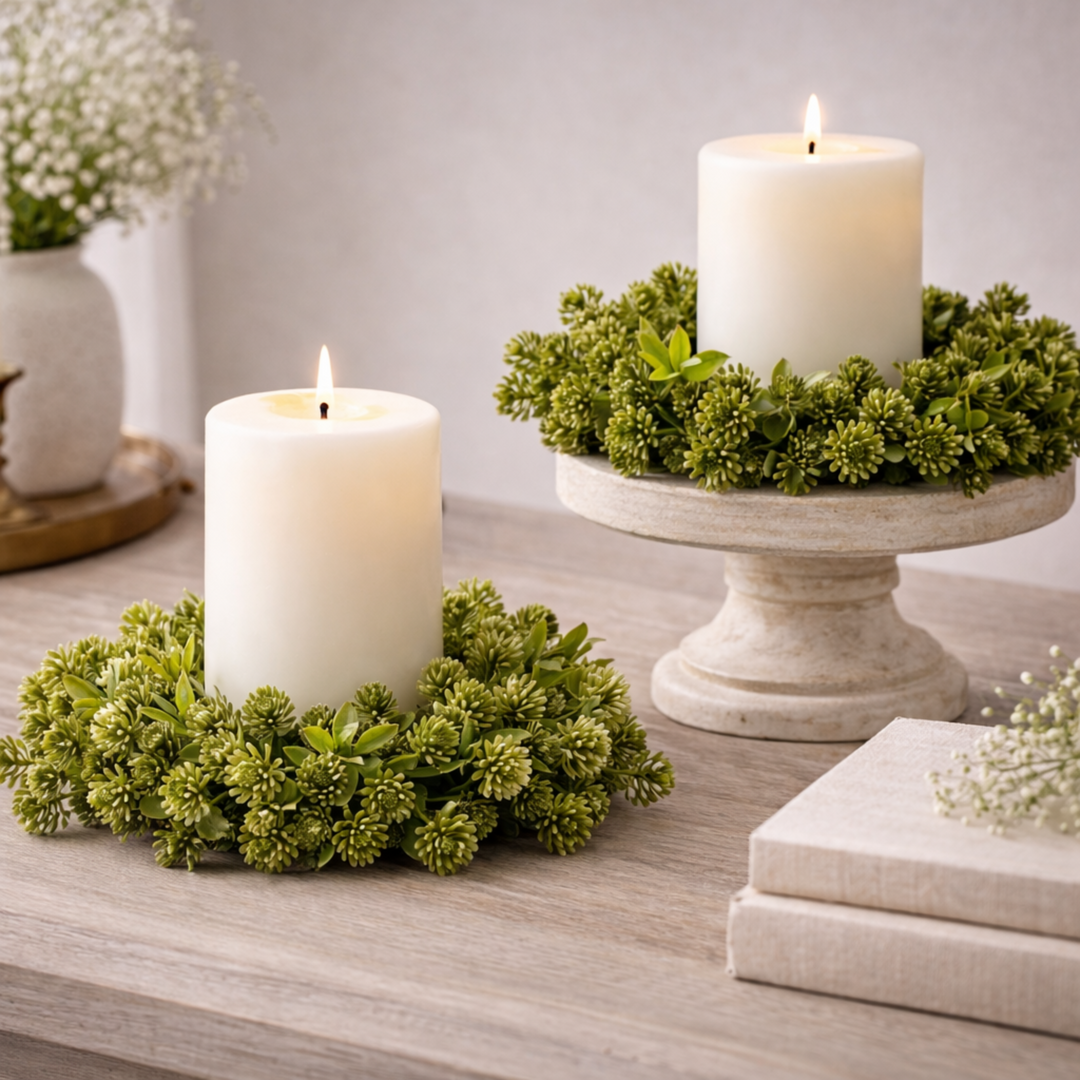 Two candles with green wreaths on a wooden surface with a neutral background