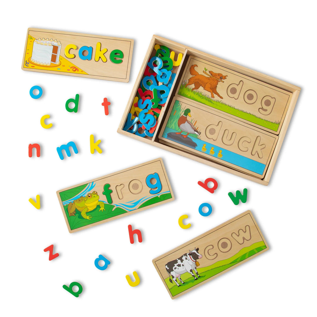 Wooden educational toy with alphabet letters and animal illustrations on a white background