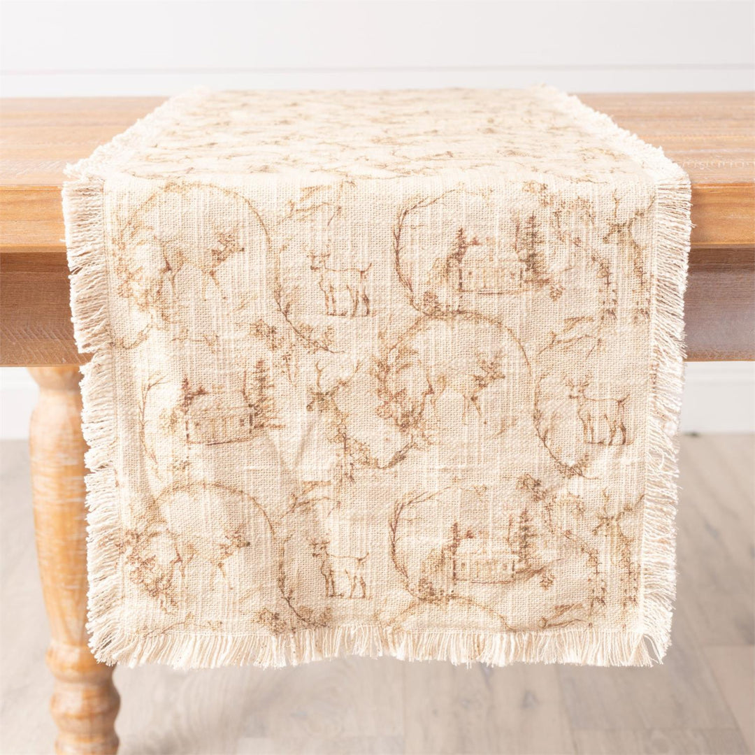 Beige textured table runner on a wooden chair with a light background