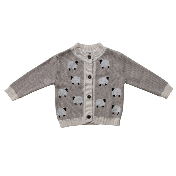 Children's cardigan with sheep pattern on a white background