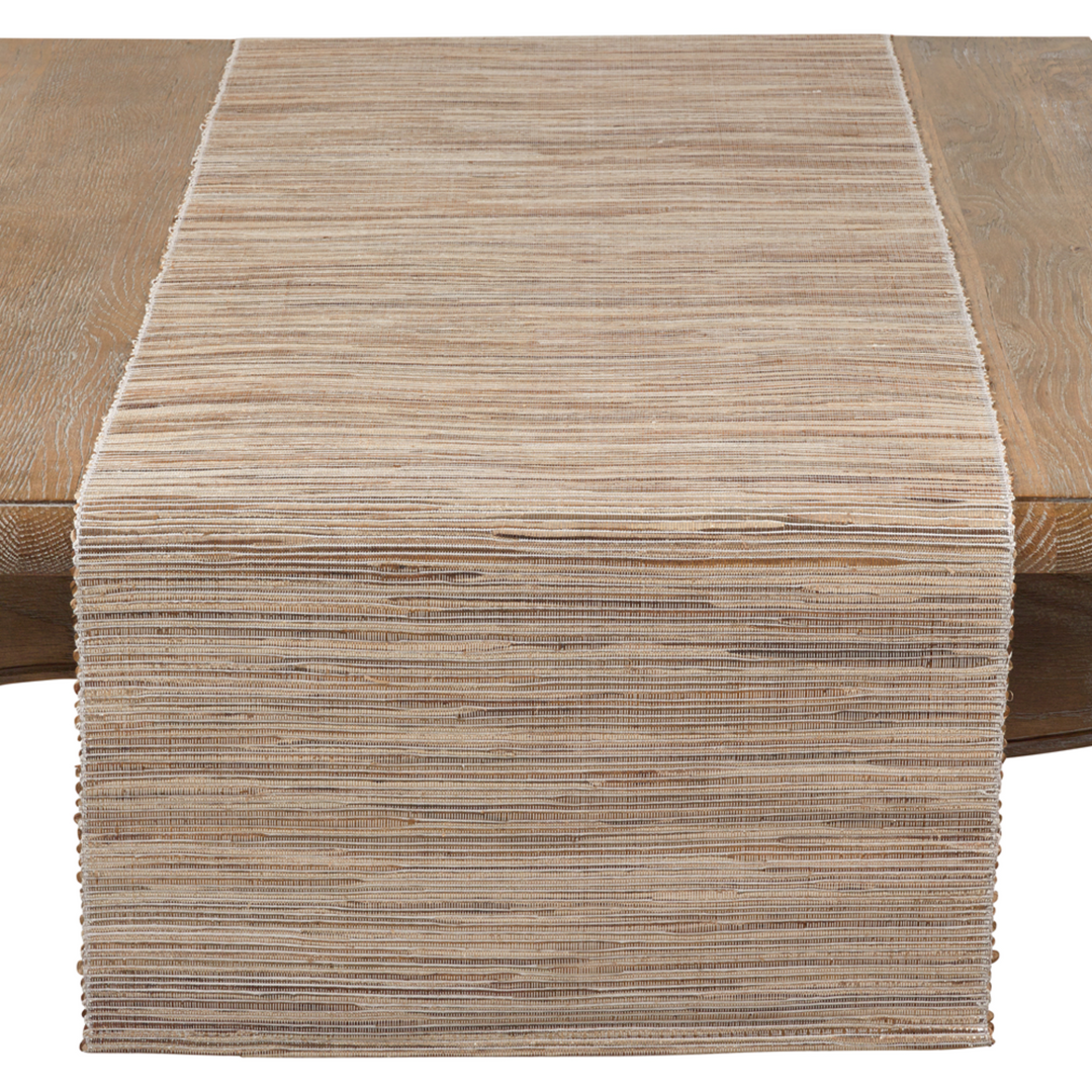 Beige woven table runner on a wooden table