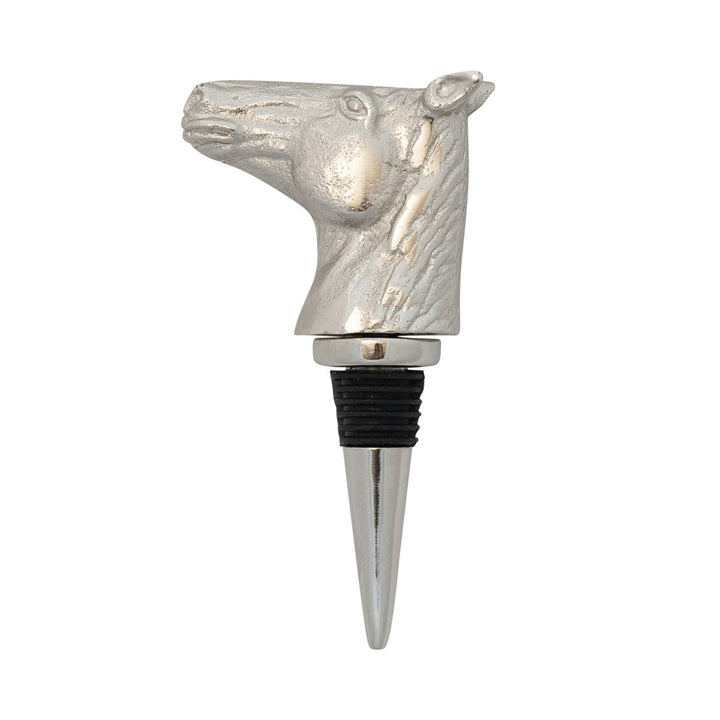 Silver horse-shaped bottle stopper on a white background