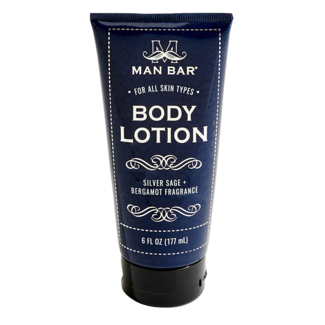 Blue tube of Man Bar body lotion on a white background
