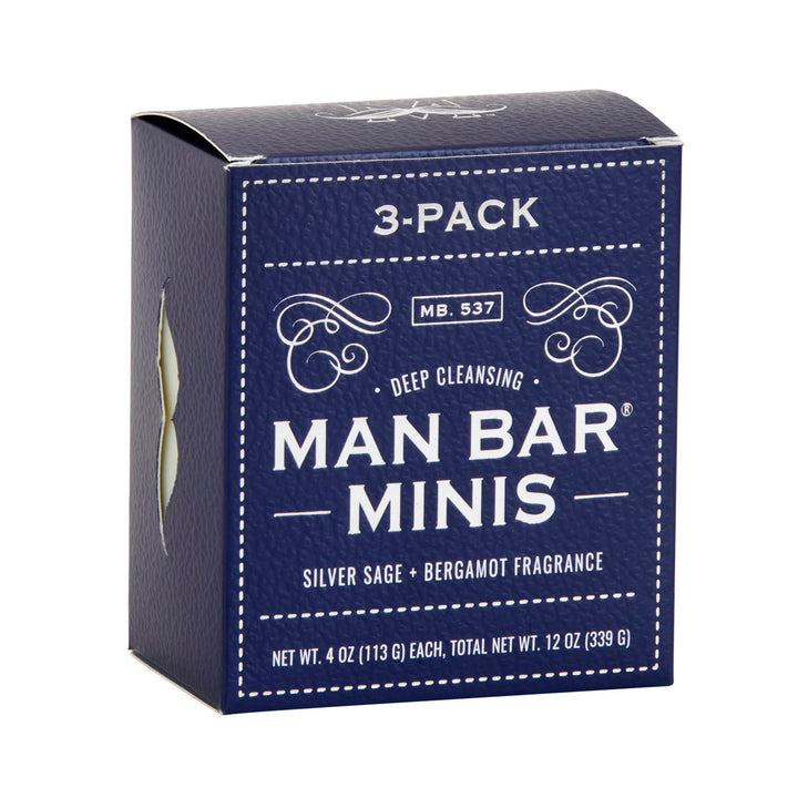Blue packaging of Man Bar Minis 3-pack soap with white text on a white background