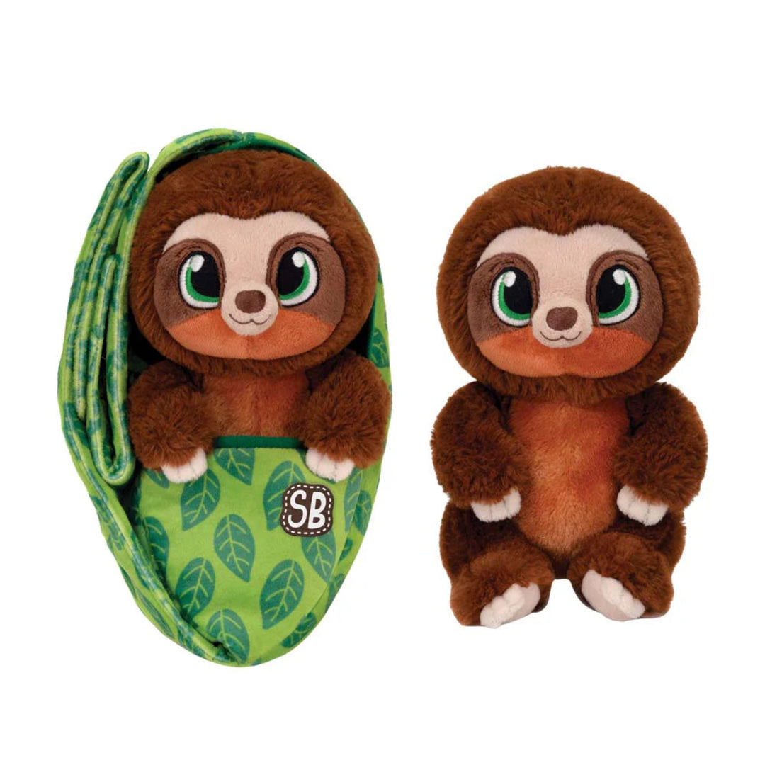 Plush sloth toy with green leaf-patterned pouch on a white background