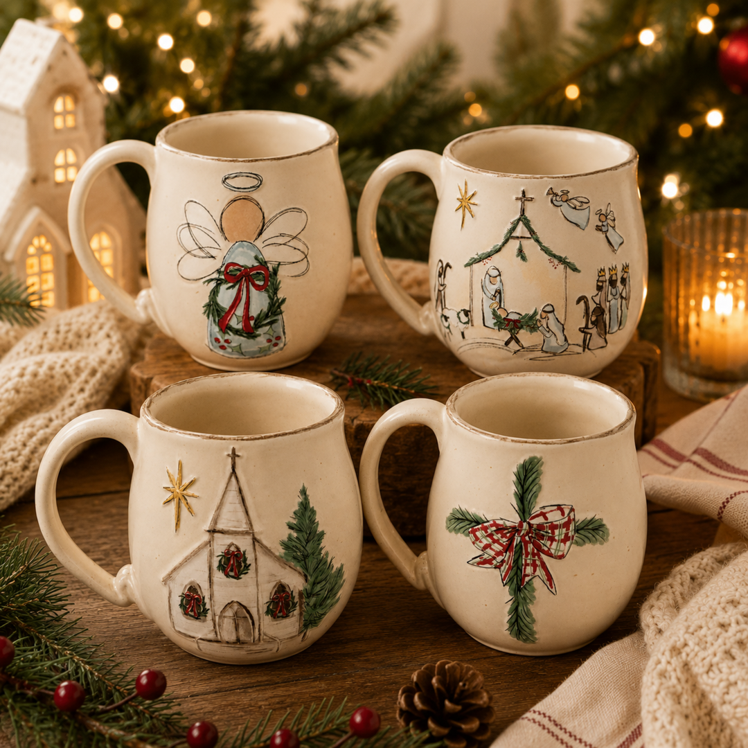 Four cream-colored ceramic Christmas mugs with hand-painted holiday illustrations, arranged on a wooden surface with festive background decorations including pine branches, a lit candle, and a small house.