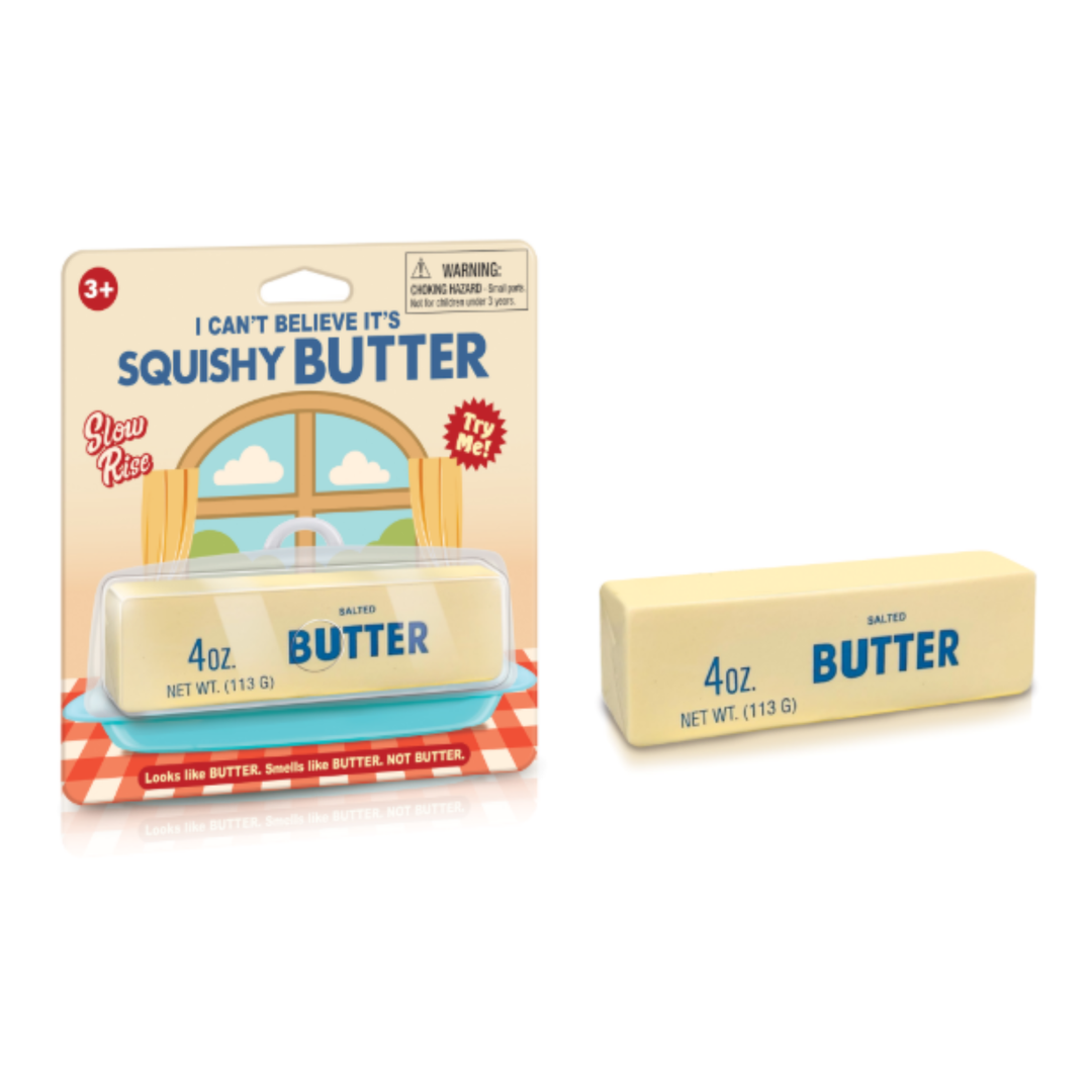 Squishy butter packaging and product on a white background