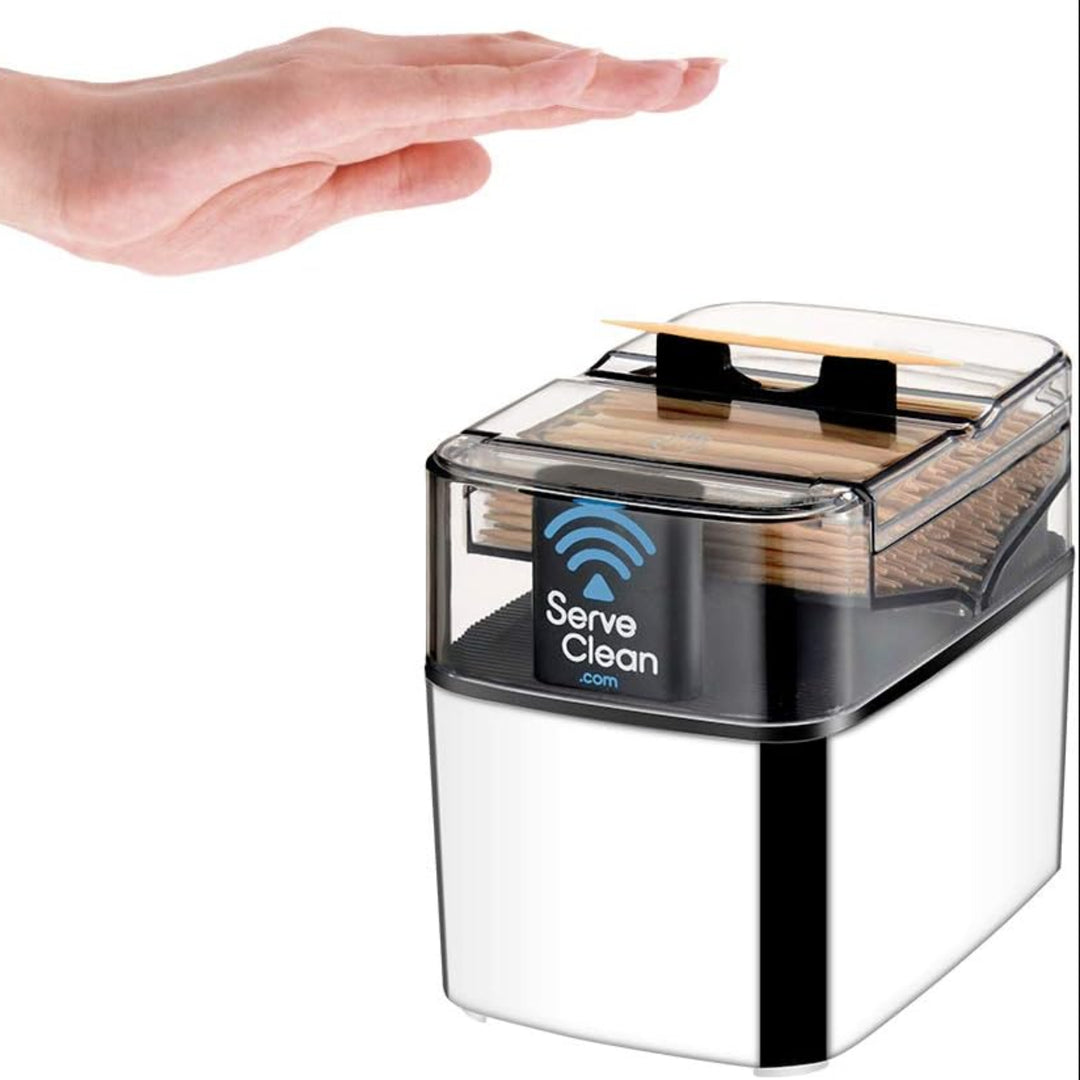 Smart toothpick dispenser with a hand reaching towards it on a white background