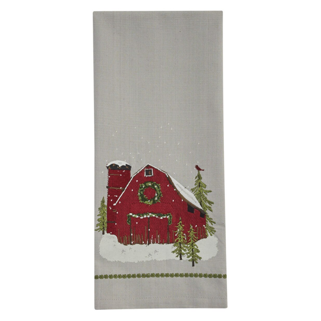 Snowy Barn Embroidered Dishtowel