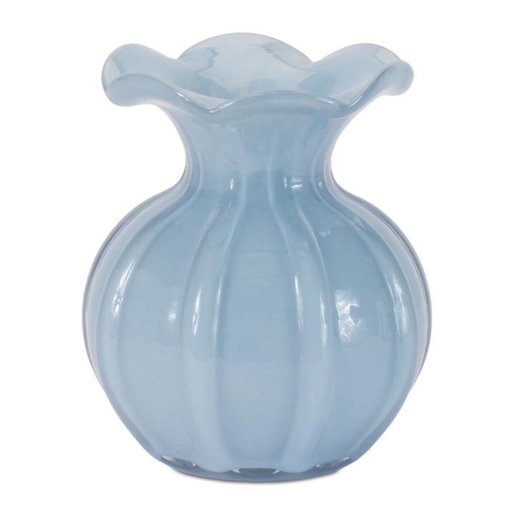 Light blue glass vase with a flared top on a white background