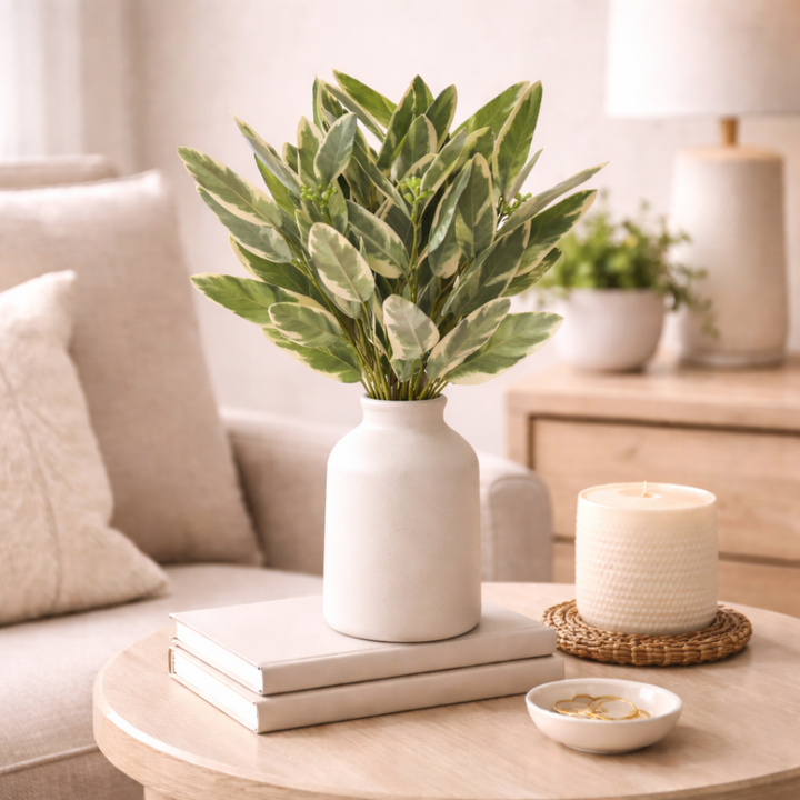 White vase with green plant on a coffee table in a living room setting