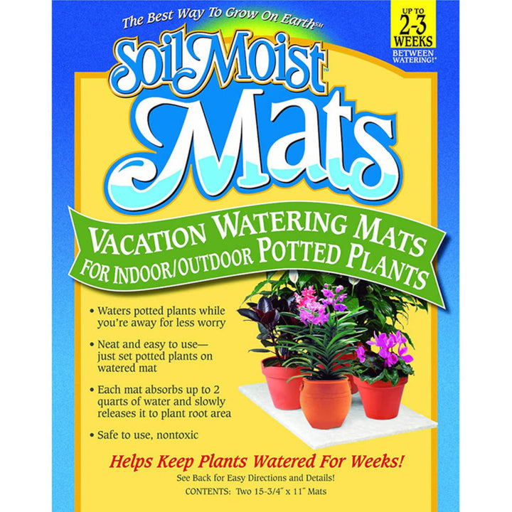 Advertisement for Soil Moist Mats with text and images of potted plants on a yellow and blue background.